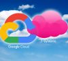 Logos T-Systems und Google Cloud vor einem Wolkenhimmel