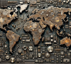 Weltkarte aus elektronischen Bauteilen wie Platinen, Kondensatoren, Widerständen und integrierten Schaltkreisen, detailliert gestaltet mit Metall- und Rosttexturen, die die Kontinente auf dunklem Hintergrund darstellen.
