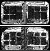 Bild 4: Ultraschall-Mikroskopbild einer neuen Systemlötung (oben) und nach 40.000 Zyklen (unten).