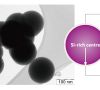 Transmissionselektronenmikroskopische Aufnahme des Silizium-Kohlenstoff-Komposits ‚Siridion Black‘ sowie schematische Zeichnung der Si/C-Struktur mit ansteigender Kohlenstoffkonzentration von innen nach außen.