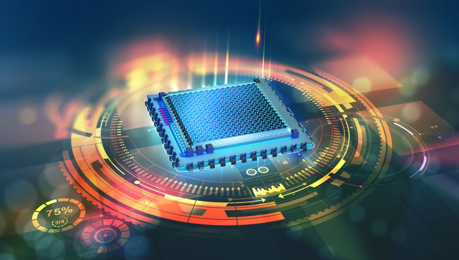 Futuristic CPU. Quantum processor in the global computer network. 3d illustration of digital cyber space