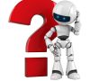 Funny white robot stay with red question
