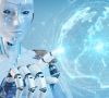 Weißer Roboter Frau mit digitalen Kugel Verbindung Hologramm 3D-Rendering