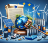 Großformatige Illustration des Engagements der EU für nachhaltige Energie mit Hammer, EU-Flagge, Lithiumblock, Batterien, Elektroauto, Windturbinen und Solarmodulen, Hervorhebung kritischer Rohstoffe im Kontext grüner Gesetzgebung, ohne Textdokumente.