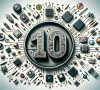 Kreatives Querformat-Bild einer Top-10-Liste, zentral mit einer großen '10' und umgeben von Mikroelektronik-Elementen wie Mikrochips und Leiterplatten, symbolisierend die führenden Unternehmen der Elektronikbranche